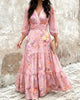Women's Dress Spring Watercolor Flower V-Neck Shirt High Waist Lantern Sleeve A-Line Ruffle Chiffon Holiday Dress