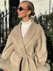 Solid Lace Up Faux Fur Sleeve Jacket Woman Elegant Mid-length V-neck Woolen Blend Coat Autumn Casual Scarf Outwear