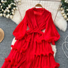 High End Party Ruffles Runway Dresses Women Lantern Sleeve Lace-up Loose Stretch Celebrity Beautiful Long Dress