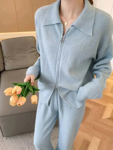 Korean Style Lazy Style Lapel Sweater Suit Autumn and Winter Zipper Loose Knitted Wide-Leg Pants Two-Piece Set for Women
