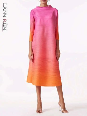 Pleated Dress Gradient Color Women Turtleneck Long Sleeves Pink Orange Dresses Female Clothing 2YA773b