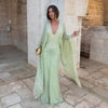 Elegant Green Lace V Neck Maxi Dress Women Chic Full Flared Sleeve Pleated Slim Fit Layered Gown Evening Wedding Guest Robe