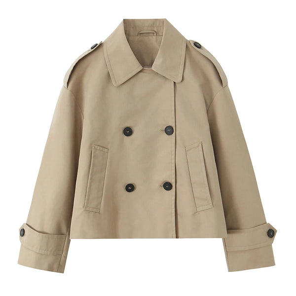 Women Khaki Double Breasted Short Trench Jacket Vintage Notched Neck Long Sleeve Female Chic Lady Coat Outfits