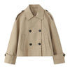 Women Khaki Double Breasted Short Trench Jacket Vintage Notched Neck Long Sleeve Female Chic Lady Coat Outfits
