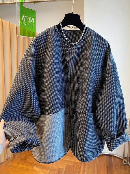 Korean Style Single Breasted Coats Women Autumn Patchwork Gray Loose Casual Coats