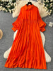 Spring Vintage Loose Dresses Women Lantern Sleeve Turn-down Collar Solid Single Breasted Casual Folds Long Dress