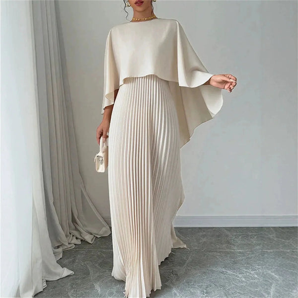 Elegant Cape Sleeve Pleated Maxi Dress for Women, O-Neck Solid Color Loose Flowy Long Dress for Party Wedding