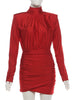 Elegant Shoulder Padded Dress Women Turtleneck Ruched Sexy Classic Office Commute Simple Peach Hip Slim Mini Bodycon