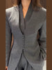 Elegant Grey V‑Neck Blazer Jacket Women Full Sleeve Waist Cinching Slim Office Suit Coats Autumn Chic Street Causal Outwear