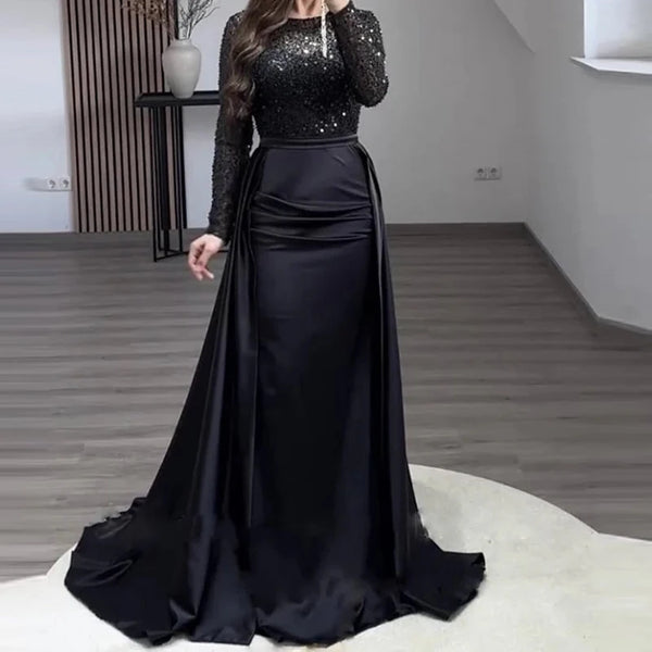Elegant Satin Sequin Stitching Dress Glitter High Waist Gala Evening Dress Women Chic Long Sleeve Full Length Party Dress