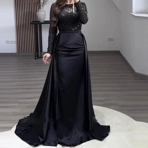 Elegant Satin Sequin Stitching Dress Glitter High Waist Gala Evening Dress Women Chic Long Sleeve Full Length Party Dress