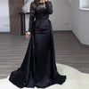 Elegant Satin Sequin Stitching Dress Glitter High Waist Gala Evening Dress Women Chic Long Sleeve Full Length Party Dress