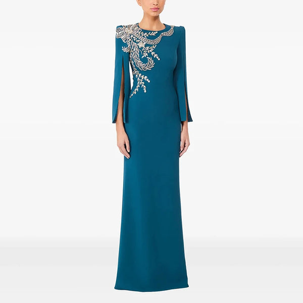 High Street Designer Party Vestido Women's Slit Sleeve Diamonds Beaded Maxi Long Dress