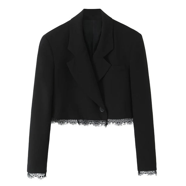 Women Lace Patchwork Black Crop Blazer Front Double-breasted Long Sleeve Suit Jacket