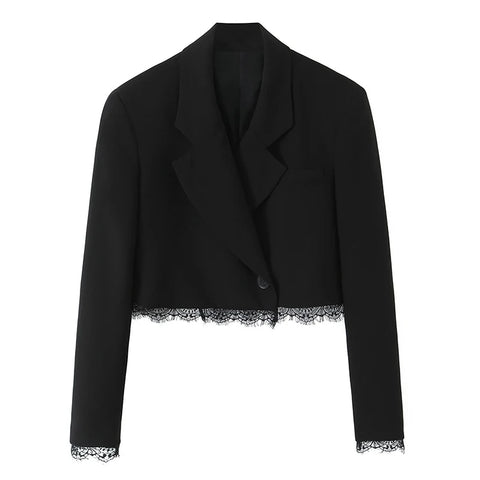 Women Lace Patchwork Black Crop Blazer Front Double-breasted Long Sleeve Suit Jacket