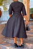 Elegant Churchs Black Dress for Women Round Neck 3/4 Sleeve Pocket Vintage Contrast Midi Dresses Autumn Clothing