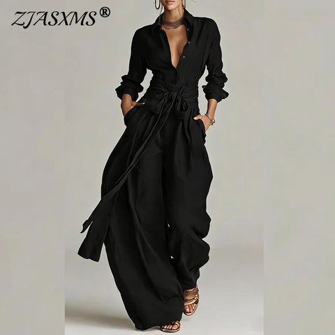 Sexy Single Breasted Lapel Top & Long Pants Sets Woman Casual Solid High Waist Lace-up Outfit Spring Long Sleeve Two Piece Suits