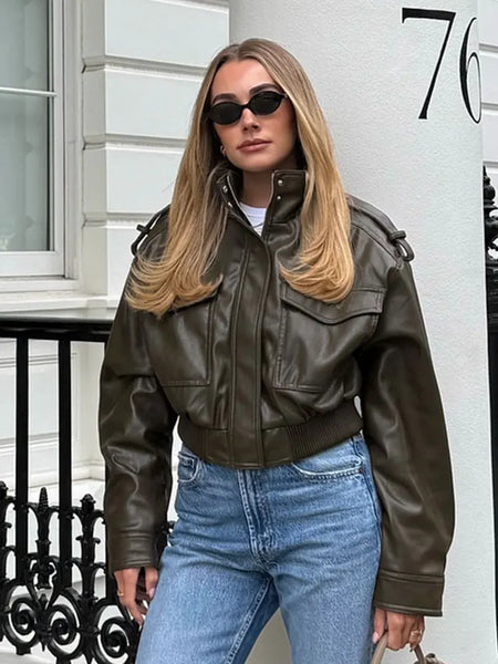 Women Large Front Pocket Jacket Vintage Solid Turtleneck Long Sleeve Zipper Faux Leather Jacket High Street Lady Coat