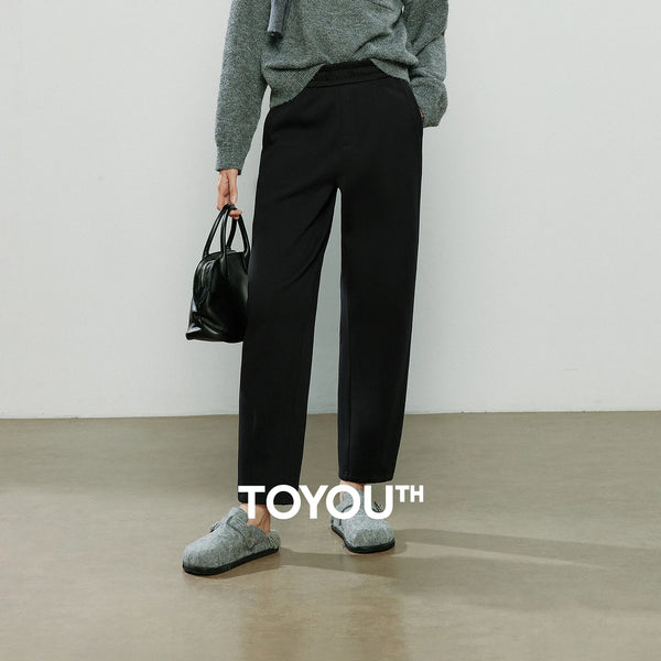 Women Casual Pants Winter Sweatpants Tapered Elastic Waist Split Design Fleece-Lined Warm Trousers