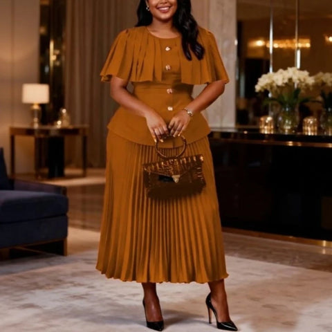 Classy Church Office Women Two Piece Set O Neck Buttons Cape Style Tops High Waist Pleated Skirt Party Business Events Occasions