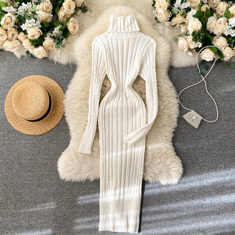 Autumn Winter Twist Women's Wrap Knitted Dresses Long Sleeve Sheath Knitwear Office Bodycon Dress Female