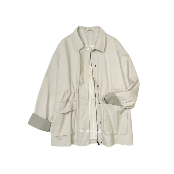 Casual Stand-up Collar Safari Style Mid-length Coat for Women A-line Pleated Waist Spring and Autumn Trench