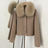Winter Outerwear Women Cropped 100% Pure Wool Jacket Oversized Real Fox Fur Collar Zip Up Short Wool Coat Female