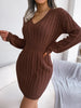 V Neck Casual Short Knit Dress Autumn Winter Women Solid Long Sleeve Dress Lady Khaki Bodycon Knitted Dresses