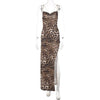 Sexy Metal Chain Shoulder Strap Leopard Print Bodycon Maxi Dress Women High Side Slit Backless Dress Elegant Club Party Vestidos