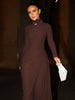 Autumn Elegant High Collar Long Sleeve Ruched Slim Fit Long Dress Women'S Solid Casual Party Club Street Clothes