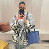 Jacquard Fringe Belted Wrap Knit Cardigan Lapel All Over Pattern Raw Fringe Autumn Winter Commute Lady Women Casual Coat