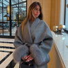 Women Grey Fur Splicing Woolen Coat Casual Belt Full Sleeve Lapel Loose Cardigan Outwear Lady Winter Highstreet Jacket