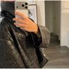 Autumn Women Croc Embossed PU Leather Jacket High Neck Zip Up Oversize Loose Cropped Coat Long Sleeve Street Lady Outerwear