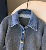 Denim Shirt Collar Stitching Fake Two-piece Sweater Women Knit Cardigan Autumn Casual Jacket Female Sweater Loose knitted Tops