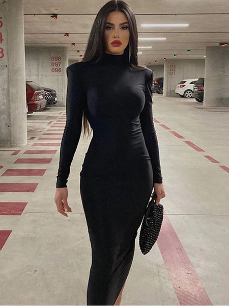 Women Spring Autumn Long Sleeve Streetwear Bodycon Black Midi Dress Items For Business