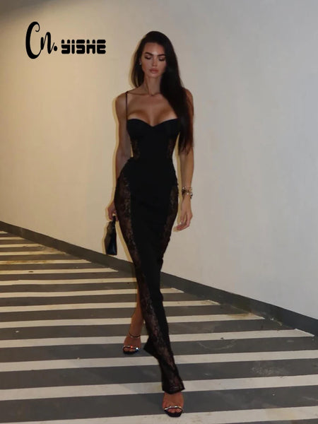 Lace Patchwork Camisoles Solid Split Women Dresses Hip Wrap Sheath Chic Party Outfits Sexy Club Female