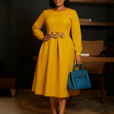 Women Elegant A Line Dresses Solid O Neck Long Puff Sleeve with 3D Flower High Waist Pleated Church Office Lady Party Outfit
