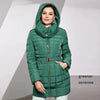 Women's Winter Jacket Hooded Belt Long Parkas Warm Padding Puffer Plaid Quilted Coat Down Jacket Thick Snow Wear