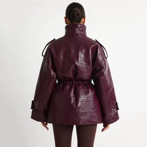 Women Burgundy Patent Leather Stand Collar Epaulet Multi Pocket Drawstring Waist Mid-Length Puffer Jacket, Winter Warm Streetwea