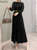 Elegant Women Pleated Dress Classy Smocked Cuffs Long Sleeve O Neck Fit and Flare Long Vestidos Commute Solid Party Robes