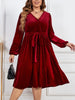Plus Size Women's Velvet Long Sleeve V-Neck Midi Dress with Waist Tie in Elegant Red