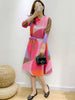 Pleated Printing Dress For Women Spring Loose Color Block Dresses With Belt Female Clothes 2D1127