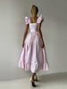 Flying Sleeve Ruffle Striped Slip Long Dress Women Elegant Square Collar Waist Cinching Pleat Party Dresses Chic Ladies Vestido