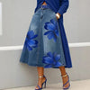 Streetwear Women's Red Floral Print Denim Midi Skirt High Waist A-Line Casual Swing Skirt Plus Size Flared Jean Skirt