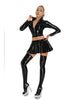Women Glossy 2-piece PU Leather Club Outfits Long Sleeve Front Zipper Crop Jacket and Pleated Miniskirt Set for Pole Dance Raves