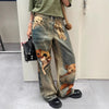 Autumn Winter Niche Design Print Contrast Color Loose Jeans For Women Straight Wide-leg Denim Pant 1A1517