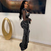 Women Mesh See Though Diamonds Rhinestones Cutout Front Long Sleeve Sexy Party Club Evening Prom Maxi Long Dress