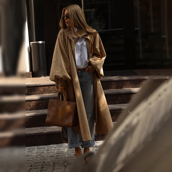 Women Chic Long Trench Coat Loose Lantern Sleeve Stand Collar Side Slit Single Breasted Windproof Outerwear Casual Ladies Jacket