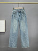 Rhinestone Pendant Design High Waist Wash Jeans Women's Spring Loose All-Match Straight-Leg Pants Female