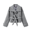 Grey Lapel Woolen Blend Short Coat Women Solid Single Breasted Long Sleeves Pockets Loose Jacket Lady Autumn Street Outerwear